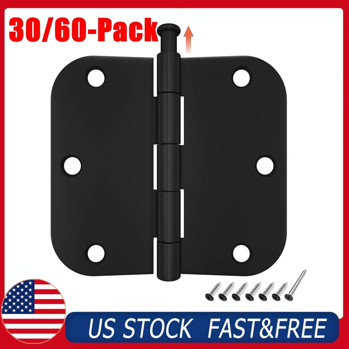 30/60PCS Interior Door Hinge 3.5" x 3.5" Rounded 5/8" Radius, Matte Black NEW