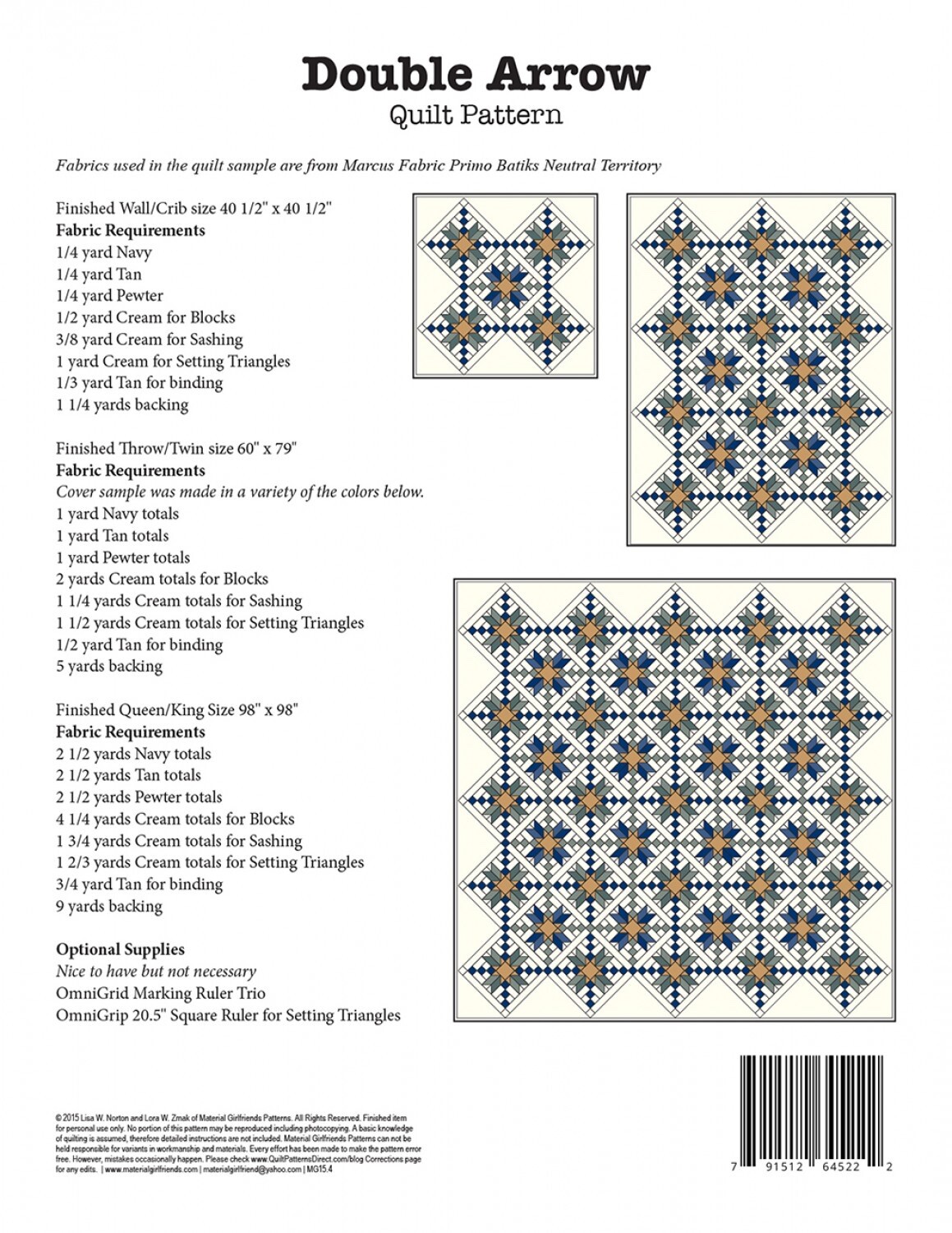 Double Arrow Quilt Pattern by Material Girlfriends Various Sizes