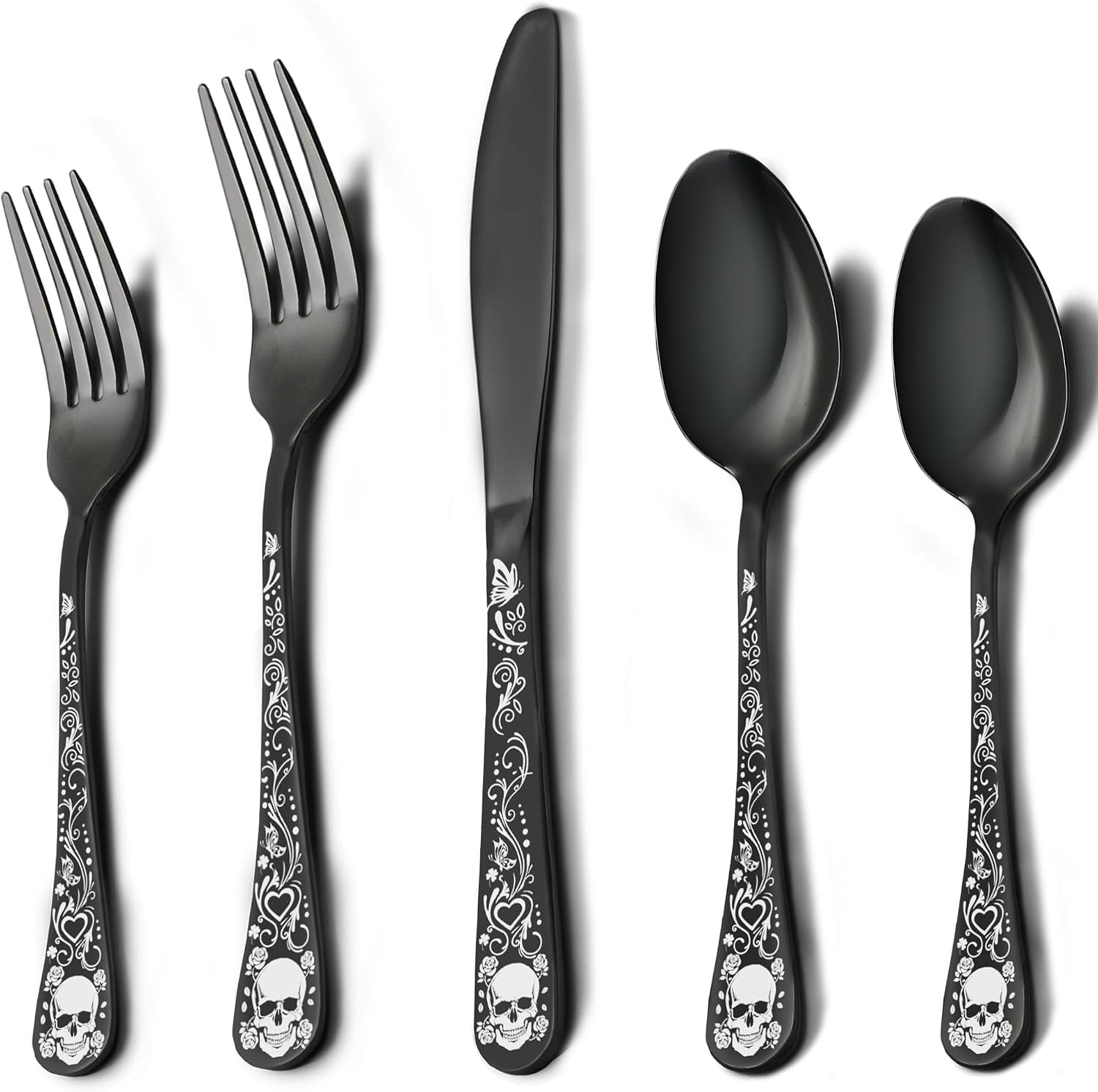 Skull Black Silverware Set for 4, 20-Piece Black Flatware Set, Gothic Skeleton C