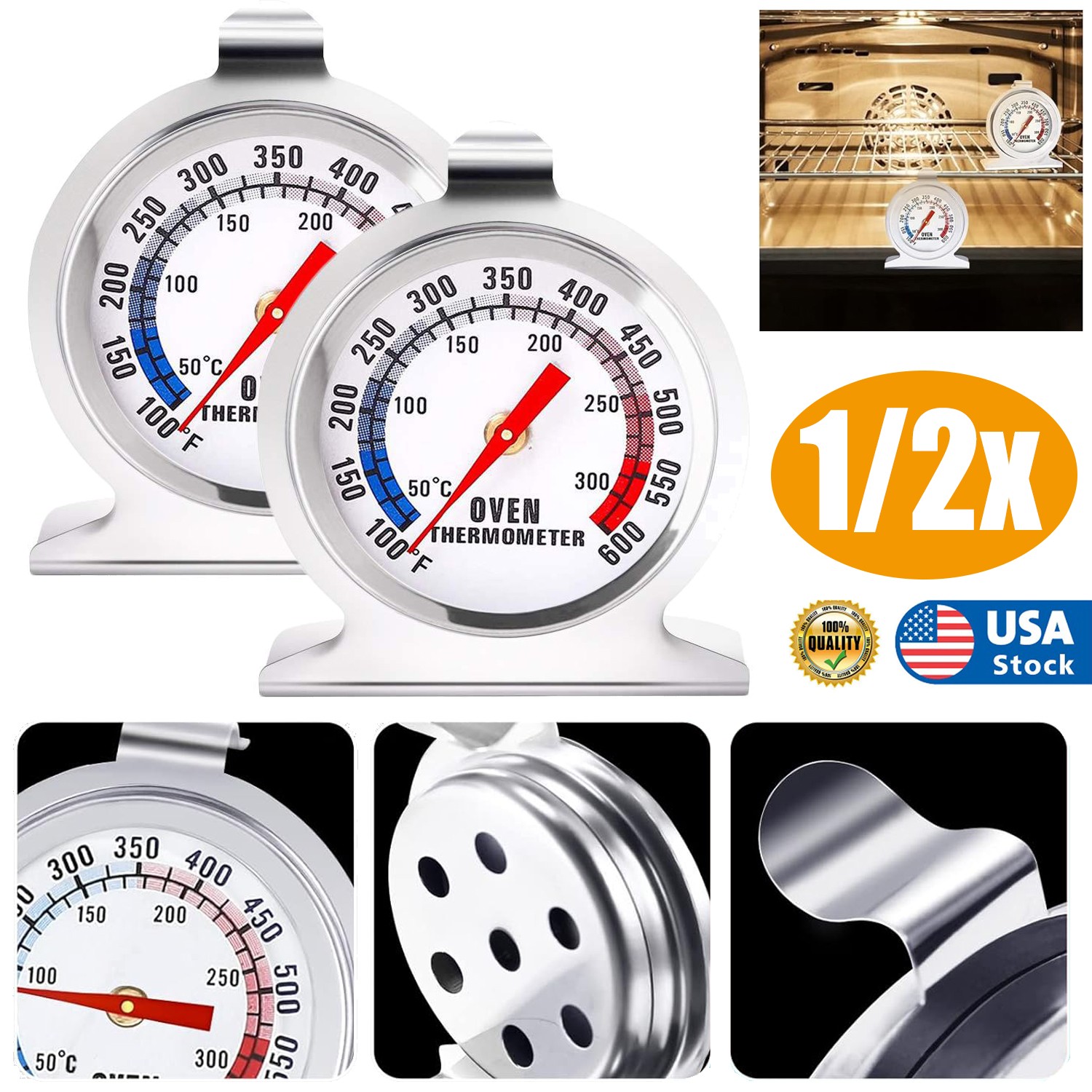 1-2x BBQ Oven Thermometer, 50-300°C/100-600°F Smoker Temperature Gauge Cooking