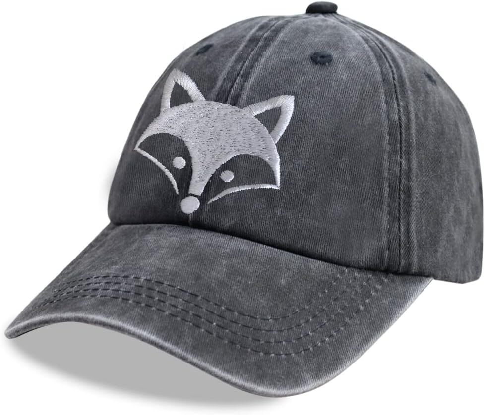 Animal Fox Head Hat, Adjustable Washed Cotton One Size, Embroidered Black