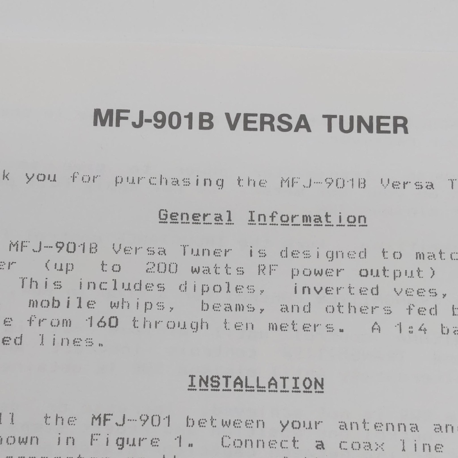 MFJ-901B Versa Tuner Instructions, Original