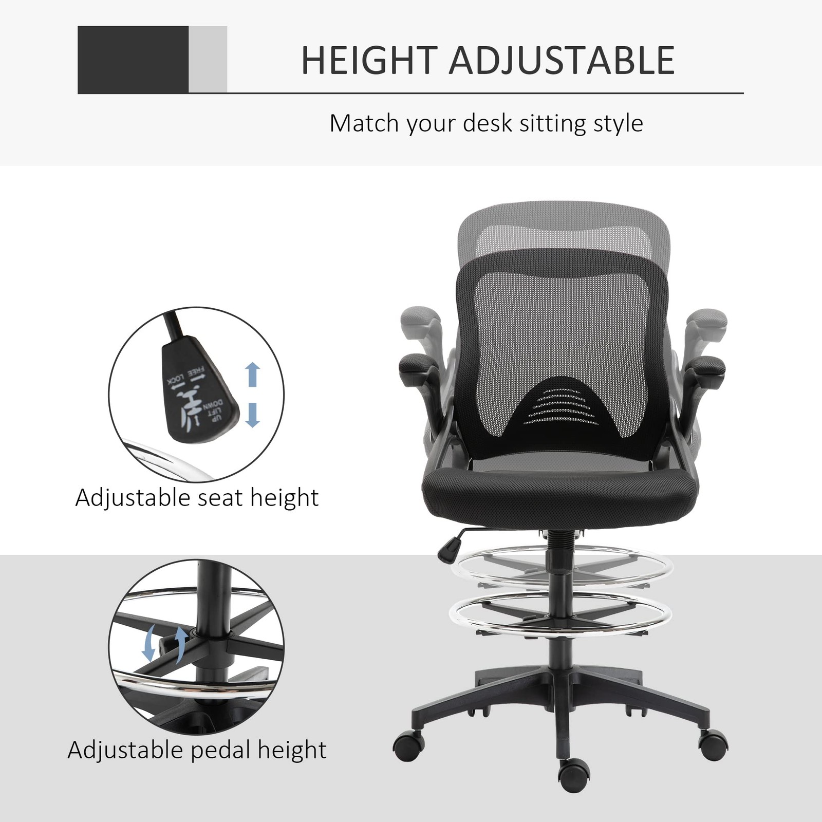 Vinsetto Mesh Drafting Chair, Tall Office Chair with Lumbar Support, Flip-Up Arm