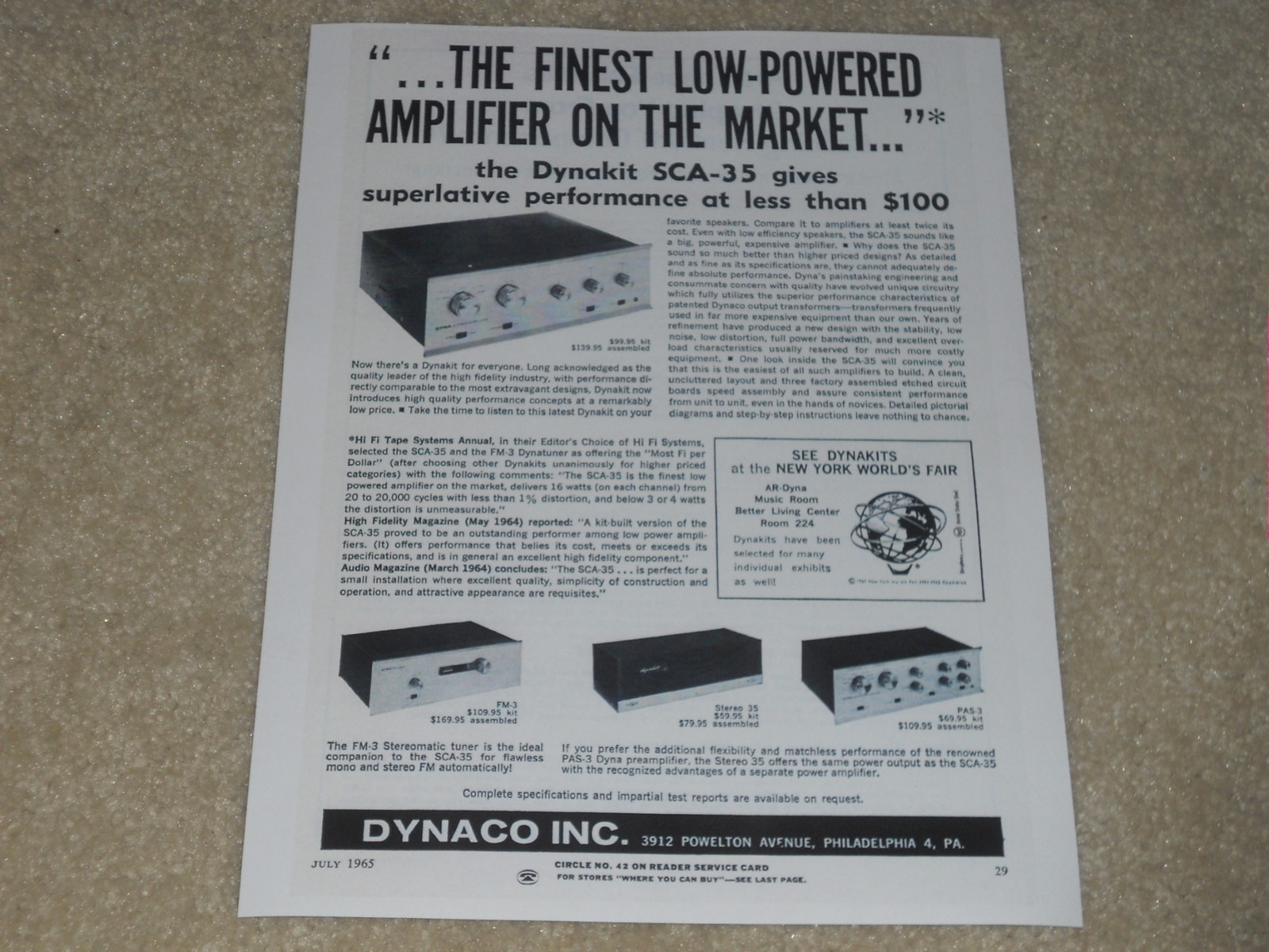 Dynaco Tube Ad, 1965, FM-3, Stereo 35, PAS-3 Preamp, Article, 1 page, RARE!