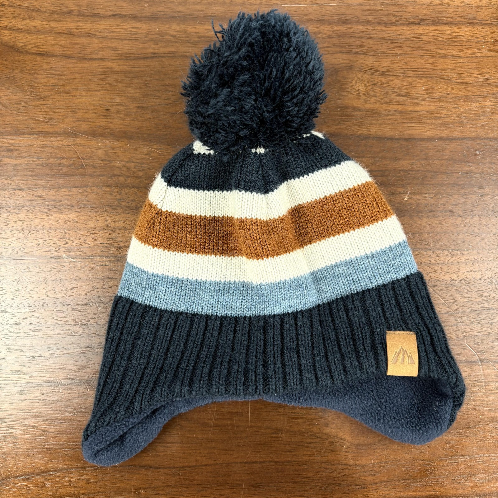 Striped Beanie Hat Boys One Size Blue Ear Flap Fleece Lined Pom Winter