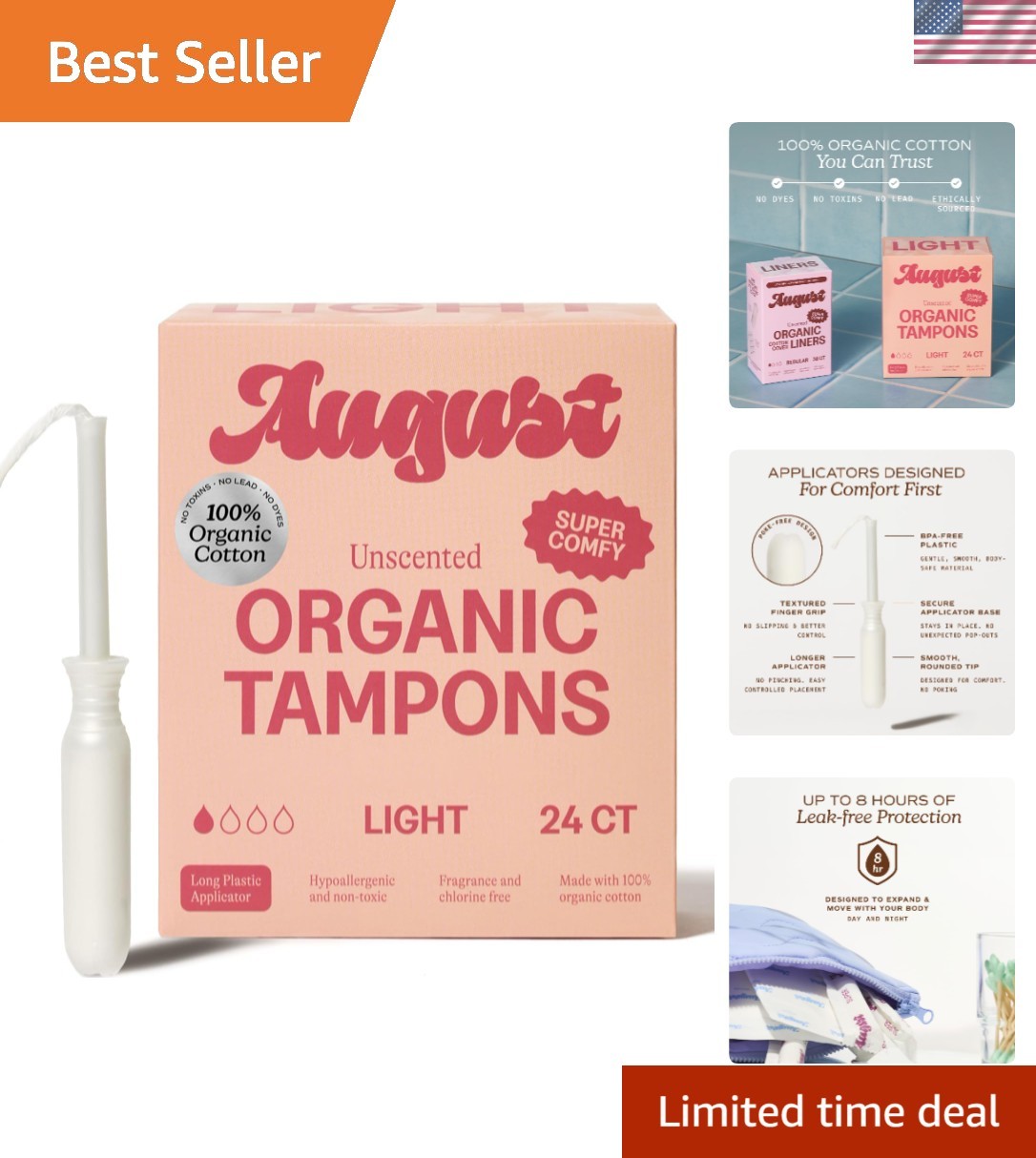 Light Tampons - 24-Pack 100% Organic Cotton Tampons for Women and Anyone Who ...