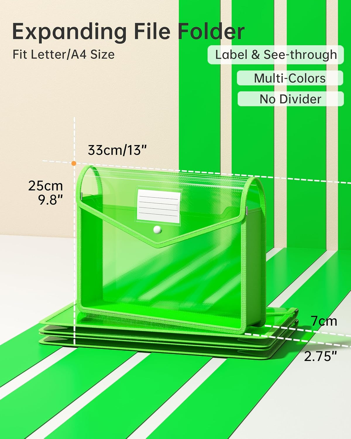 2 Pack Plastic Expanding File Folder, Transparent Envelopes with Snap Closure, F