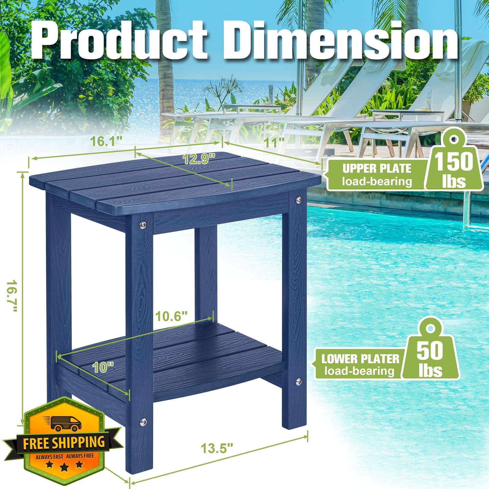 YandM Outdoor Side Table: Adirondack Navy Blue HIPS, Double Layer, Waterproof