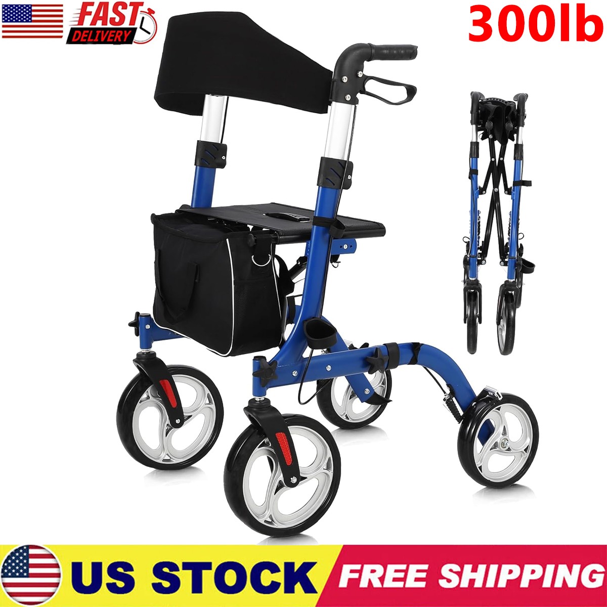 Rollator Walker For Seniors Lightweight Foldable 9"+8" Wheels w/ Brakes 300 Lb