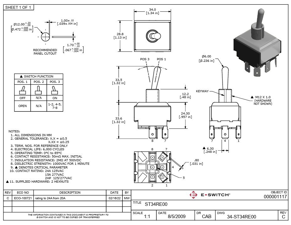 E-Switch ST34RE00 is a high-current, heavy-duty toggle switch