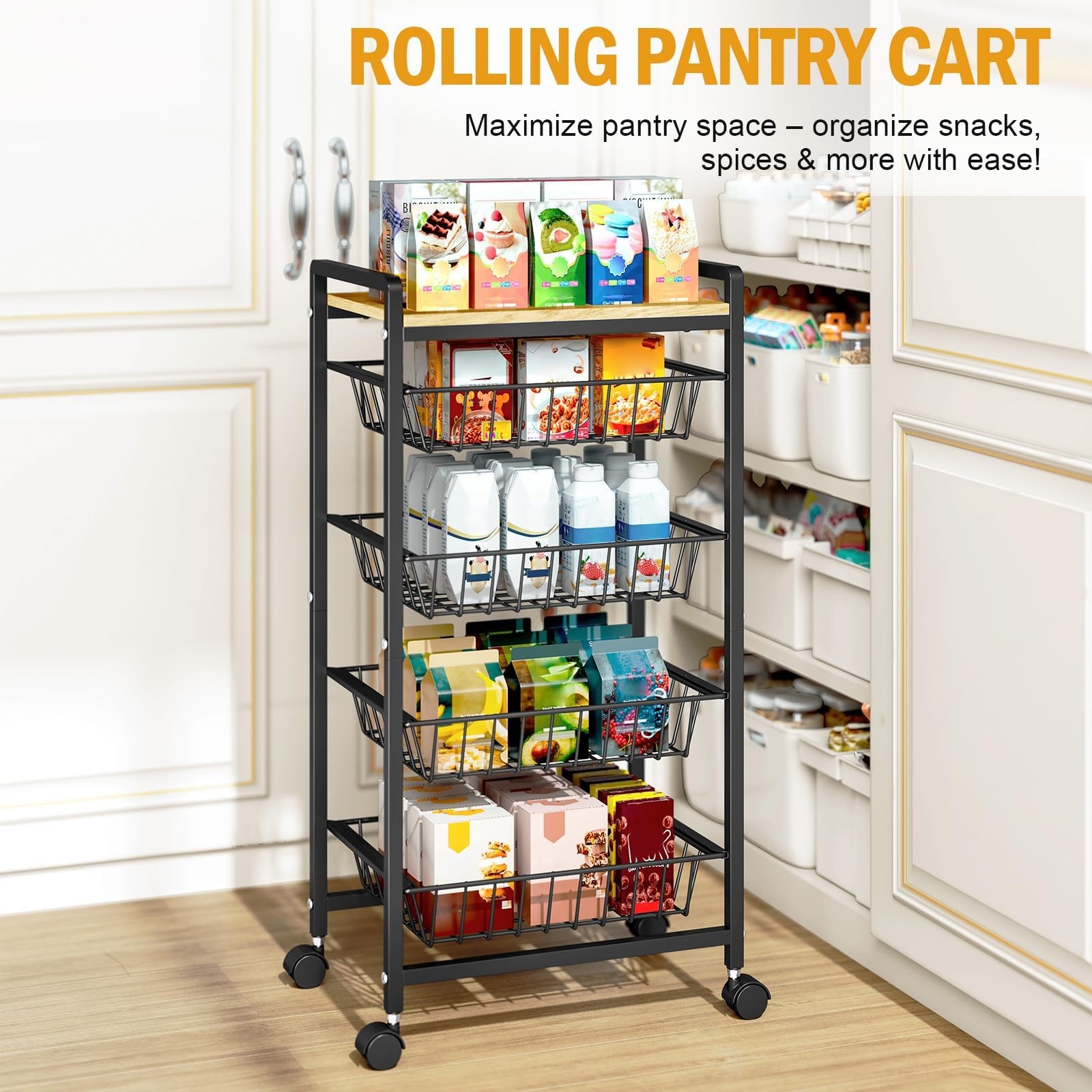 5-Tier Kitchen Cart with Tabletop, Rolling Snack Cart with Lockable Wheels, F...