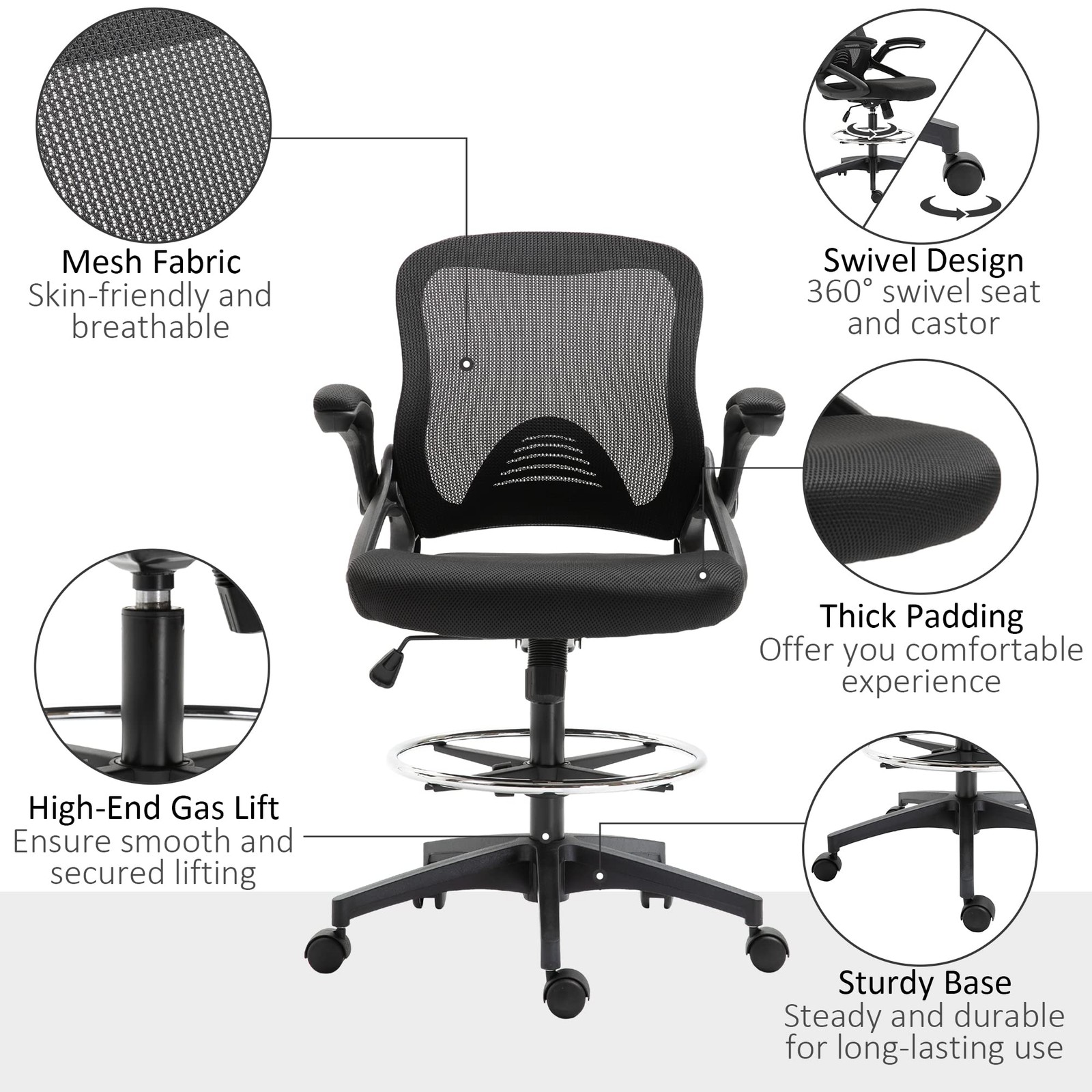 Vinsetto Mesh Drafting Chair, Tall Office Chair with Lumbar Support, Flip-Up Arm
