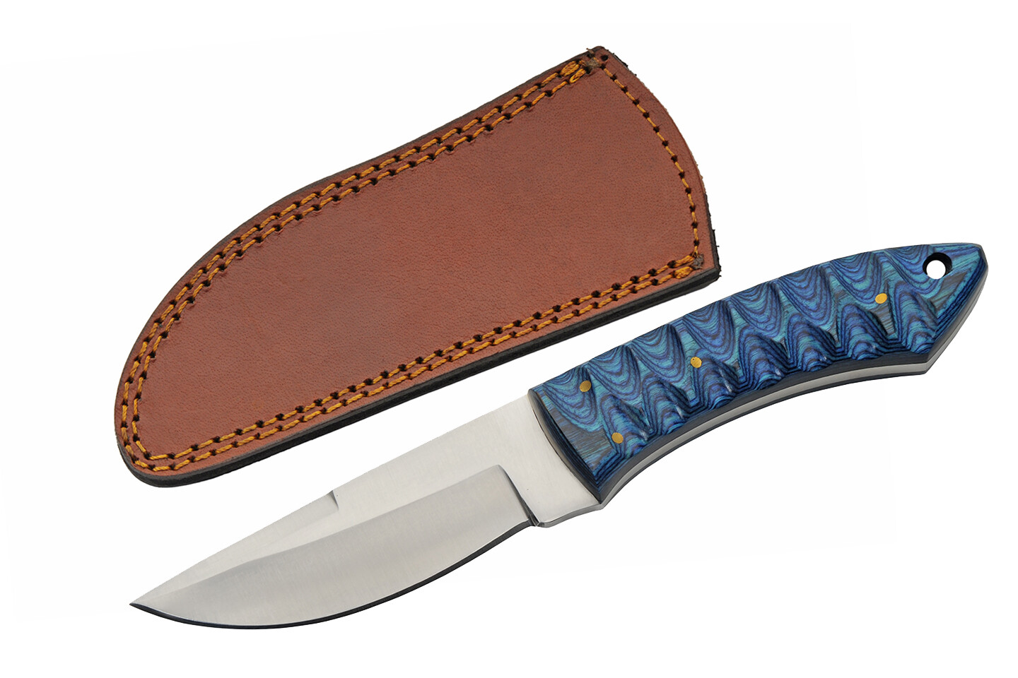 Fixed Blade Hunting Skinner Knife Blue Wood Handle w/ Leather Sheath