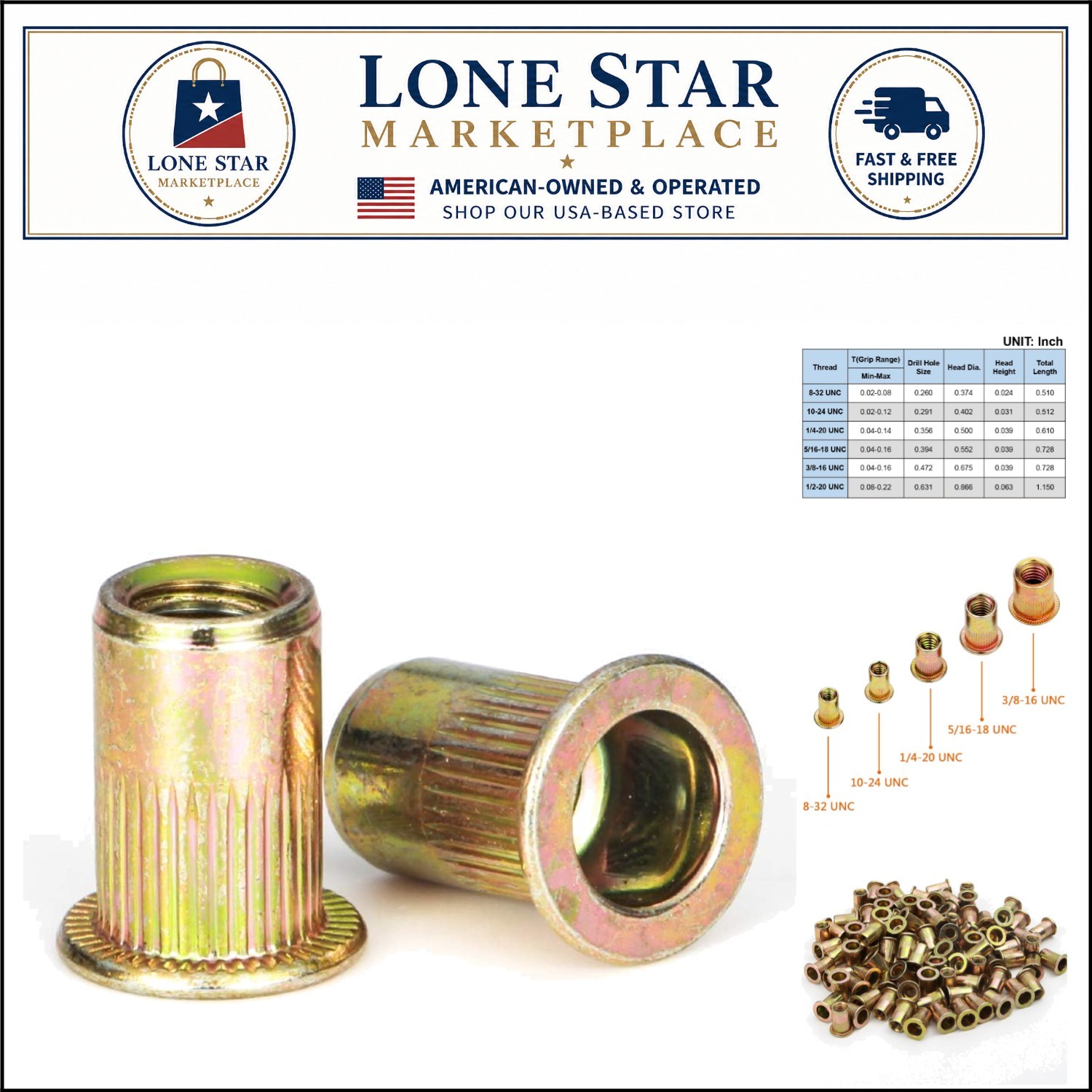 Versatile 1/4-20UNC Rivet Nuts - 100 Pack of Zinc-Plated Carbon Steel Fasteners