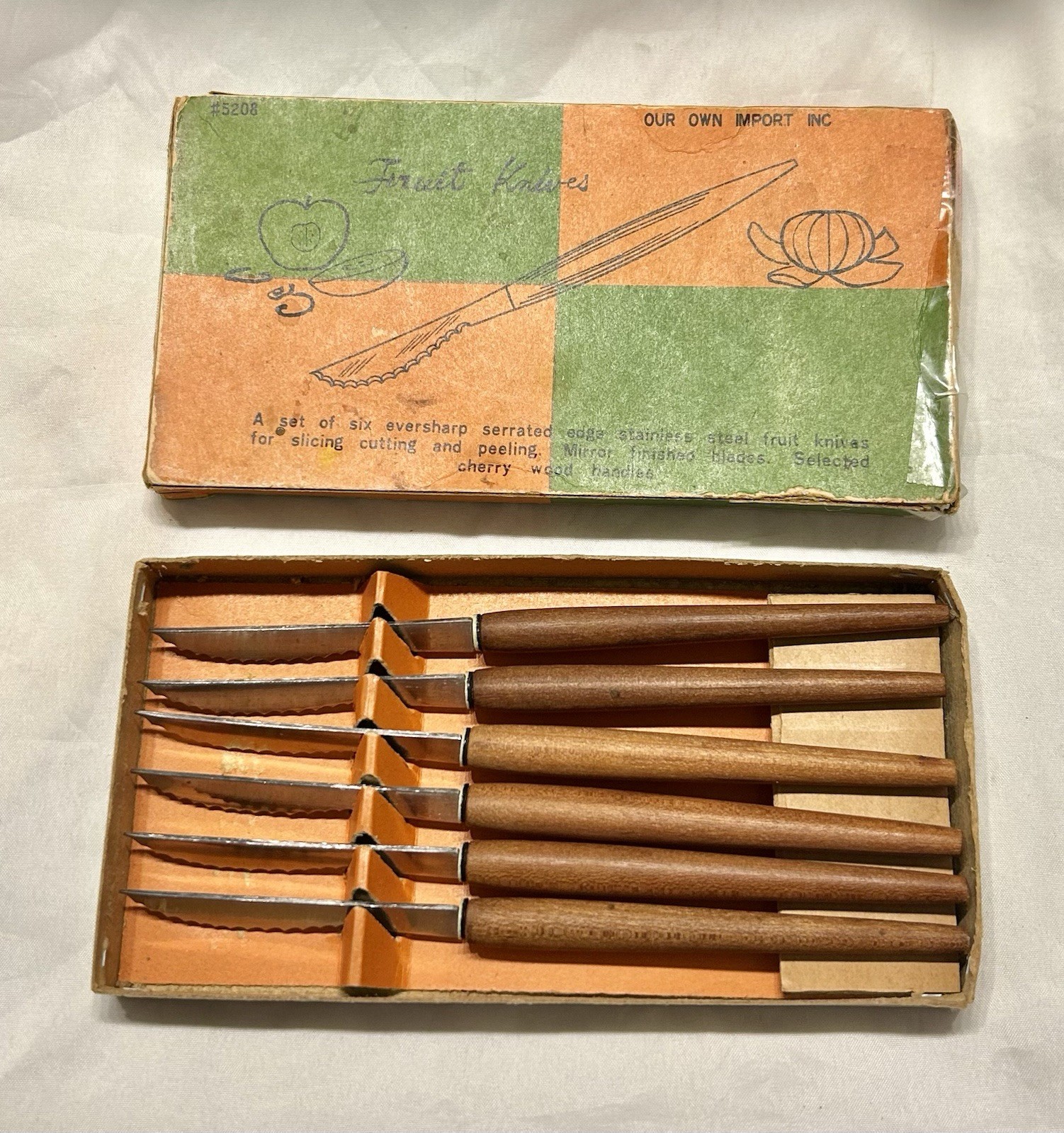 Vintage Set Of Six Serrated Fruit Knives w/Cherrywood Handles, Stainless Steel