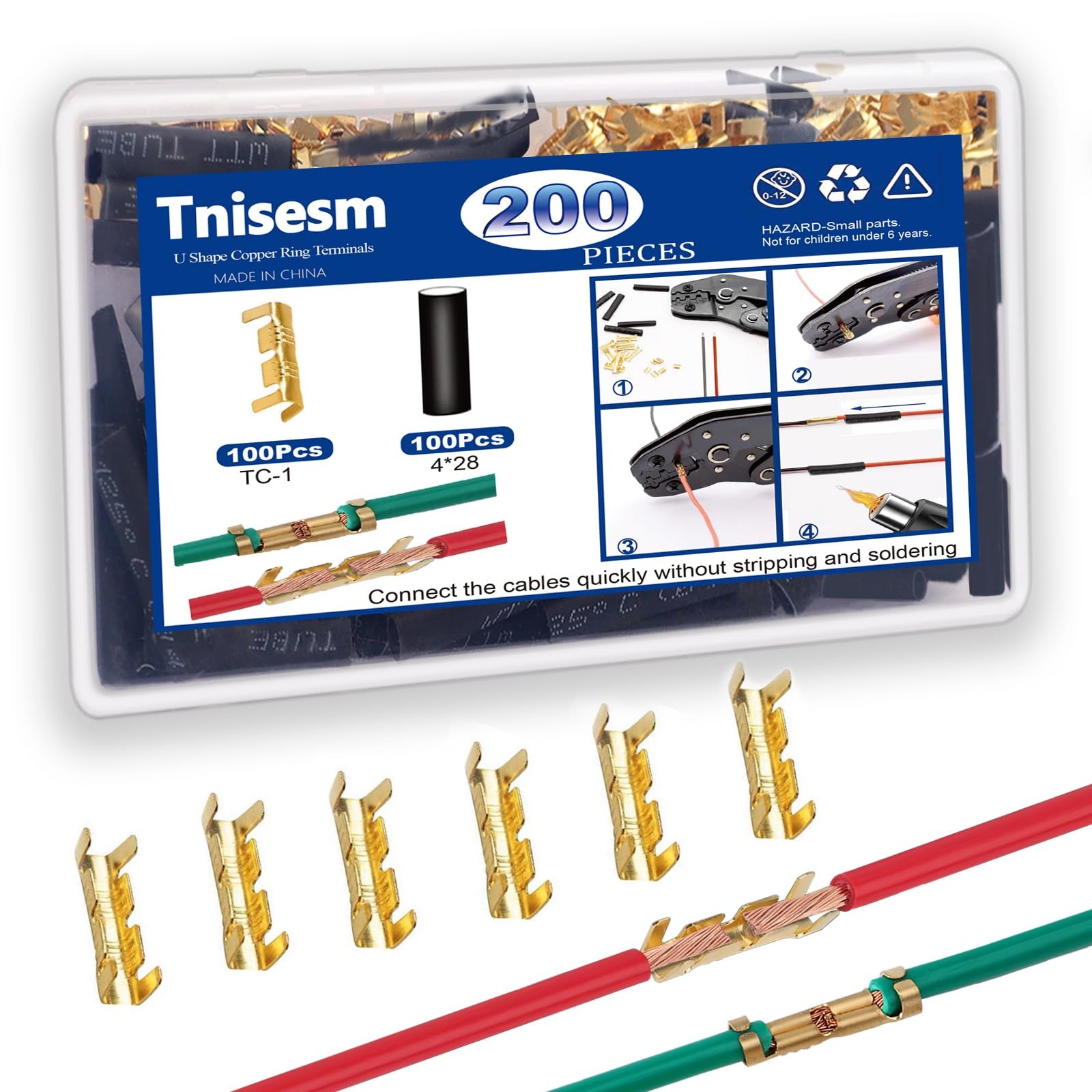 Tnisesm 200Pcs U Shape Copper Ring Terminals,Open Barrel 100Pcs Terminals