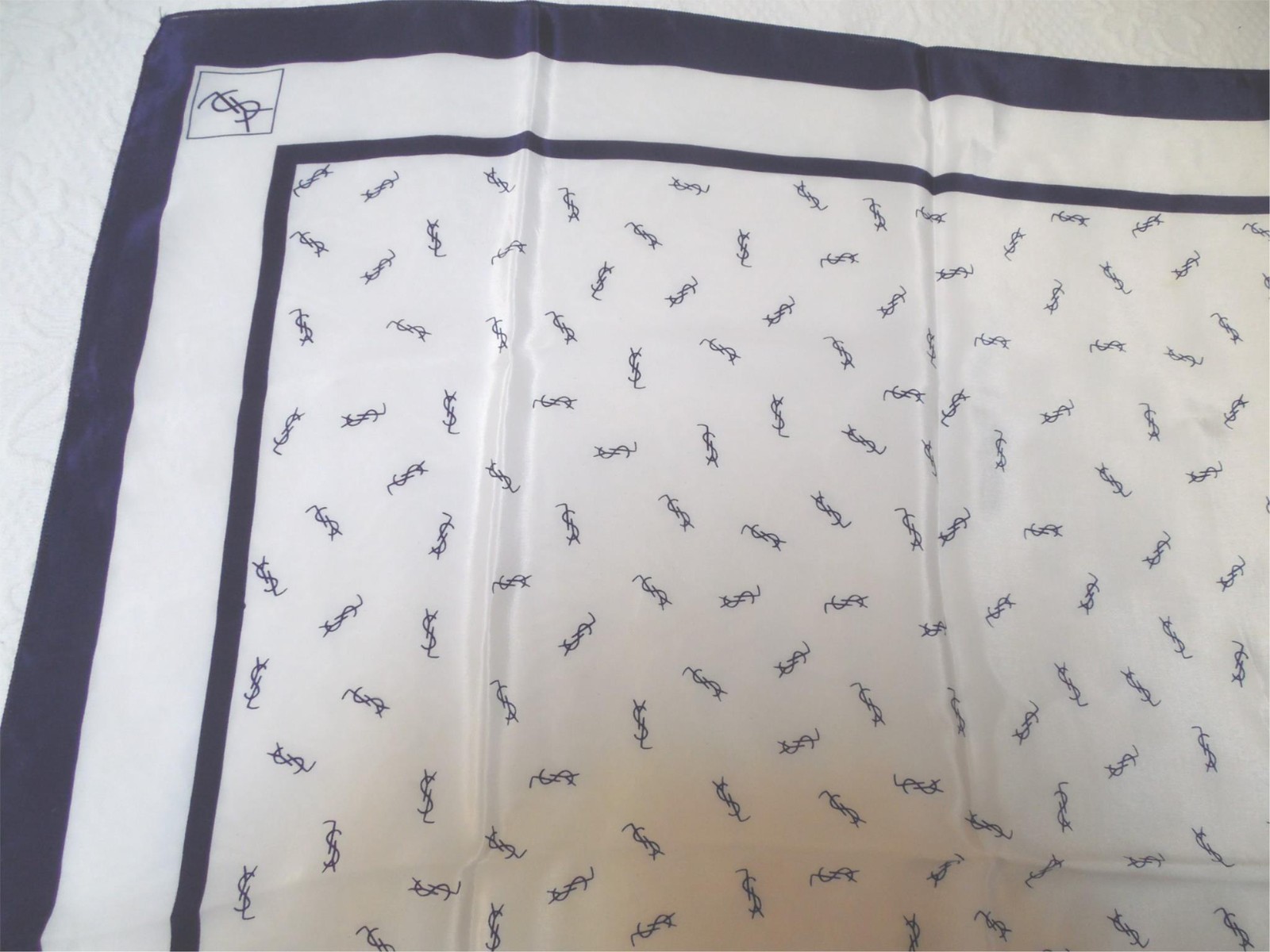 YSL Yves Saint Laurent Navy and White Silk Logo Scarf 29 X 30 in