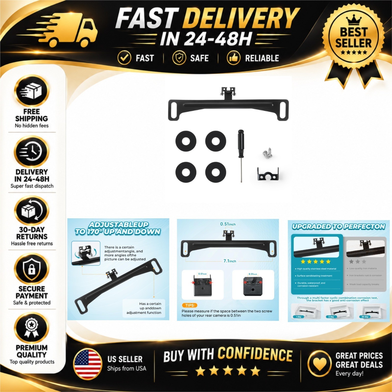 Snwoygr Stainless License Plate Backup Camera Bracket Adjustable 170°