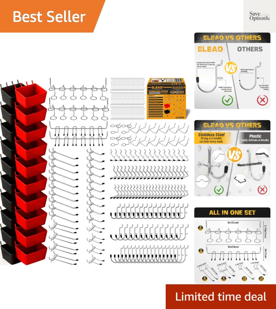 297 Piece Pegboard Hooks Kit, Peg Board Organizer Accessories with Bins for O...