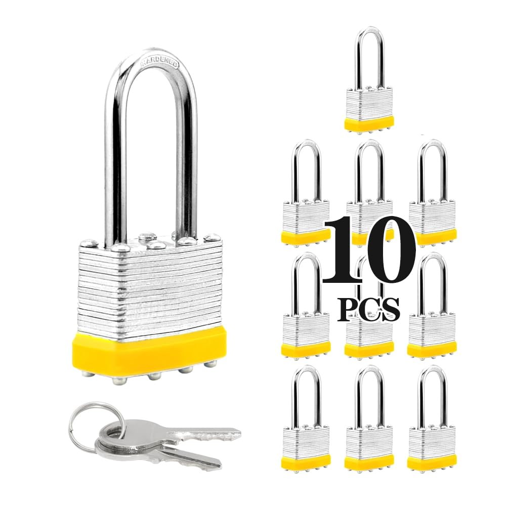 Laminated Steel Keyed Padlocks, 10 Pack, Keyed Alike, Long Shackle, 1-9/16" （...