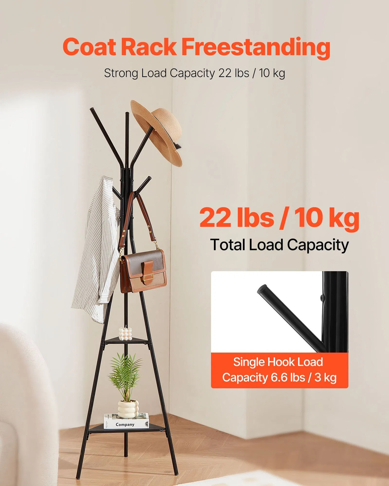 Coat Rack, Freestanding Coats Rack Stand with 2 Shelves & 6 Hooks, Free Standing
