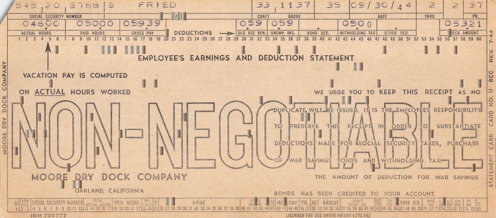 1944 Moore Dry Dock Company IBM Punch Card 1940s Employee Earnings Oakland CA