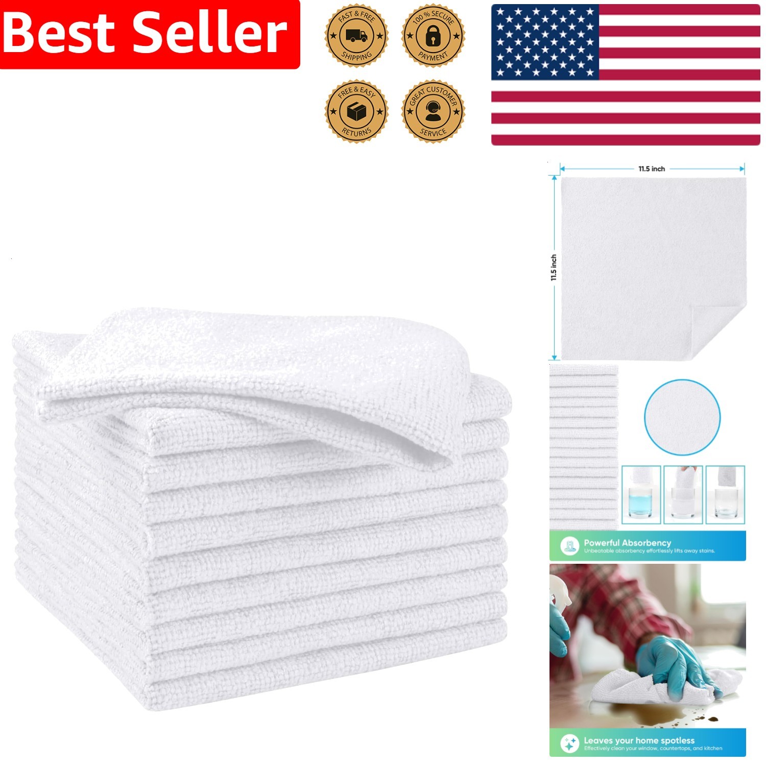 Lint-Free Microfiber Cloths 10 Pack Quick Dry White for Kitchen & Car Surfaces