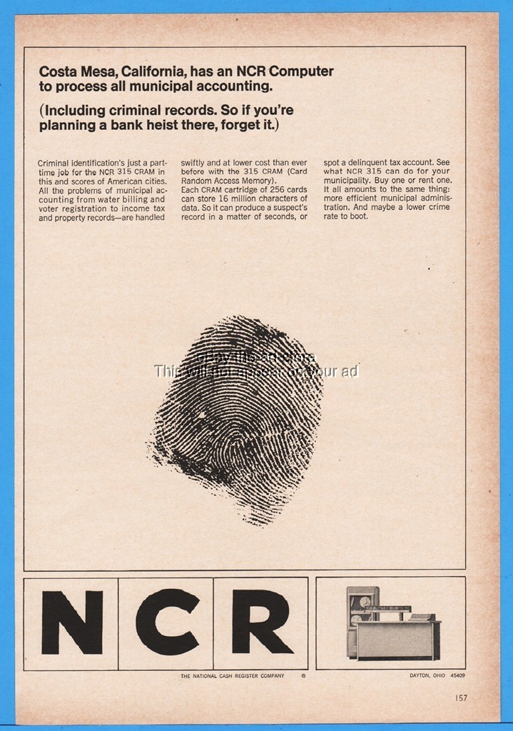 1965 NCR National 315 Computer CRAM Costa Mesa CA Fingerprint Art Vintage Ad