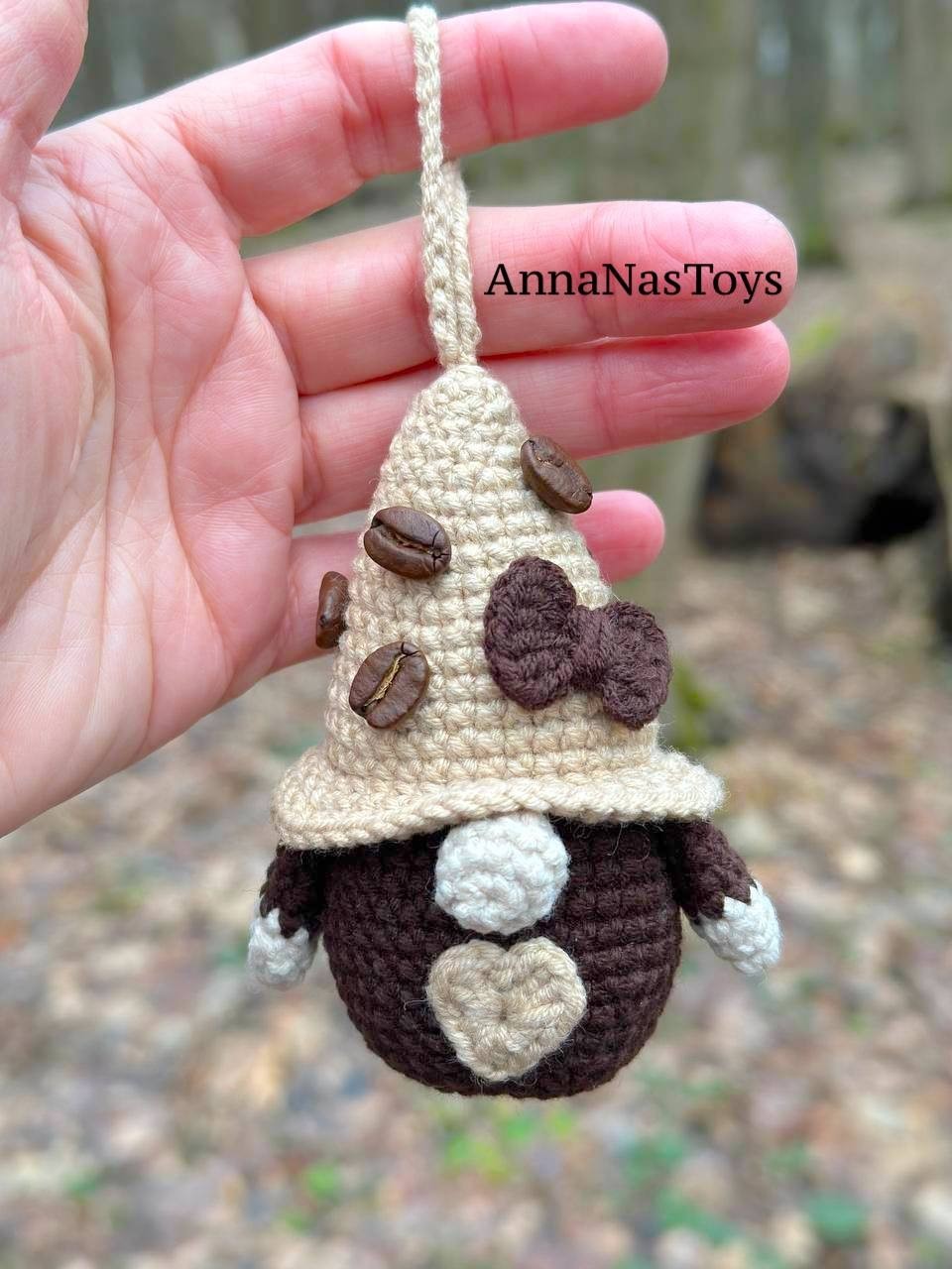 Coffee gnome keychain, Crochet PDF pattern gnome with coffee beens