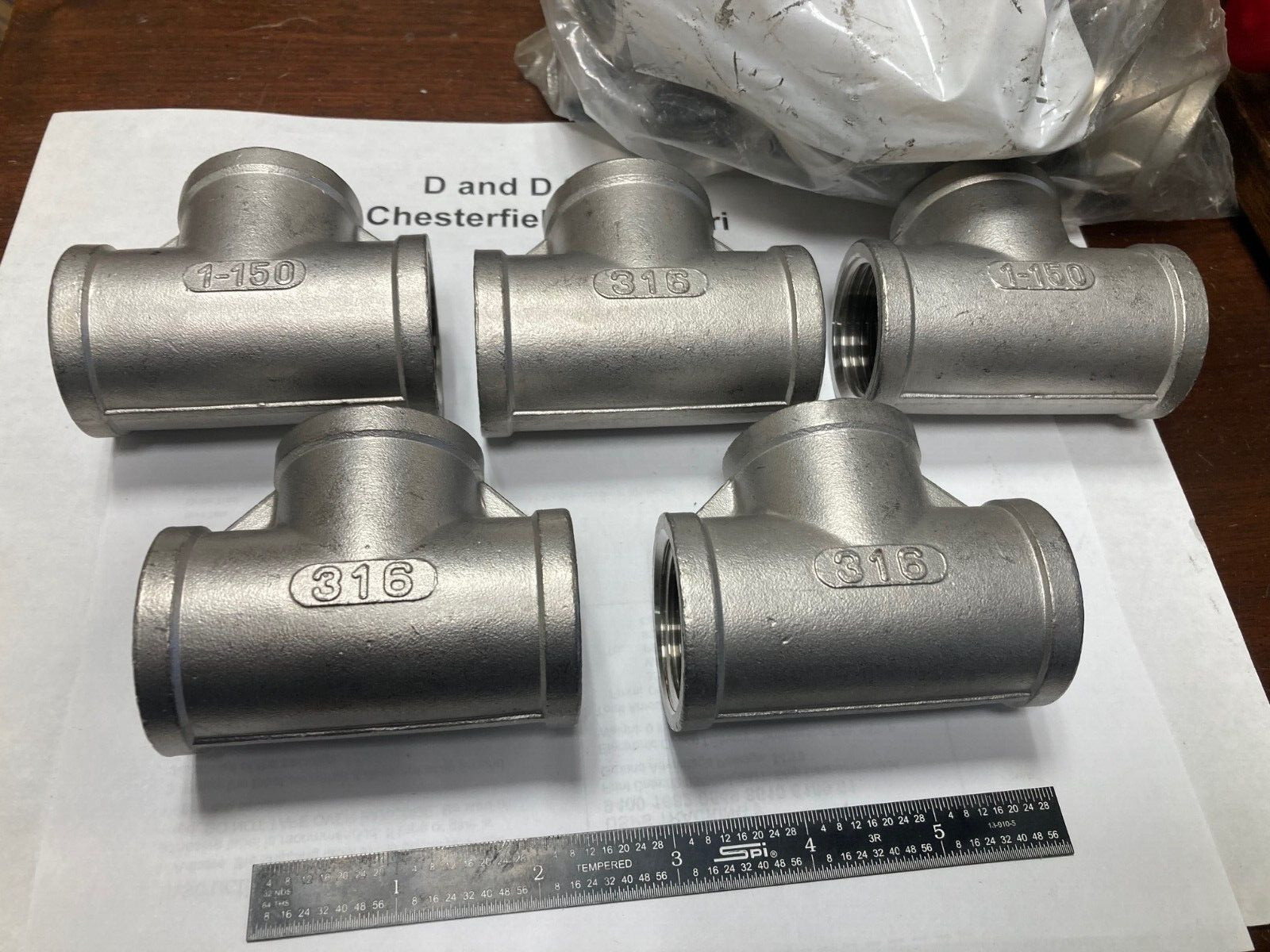 ***Lot of 5***, 316 Stainless 1" Female Tee's, Class 150, FNPT