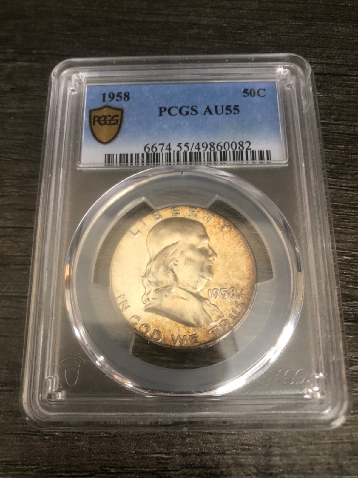 1958-P PCGS AU55 Franklin Half Dollar 50c RAINBOW TONER!