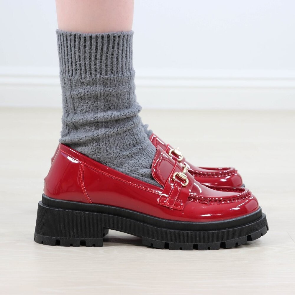 Red Patent Horsebit Loafers Chunky Platform Lug Sole Slip-Ons Grunge 90s Vibes