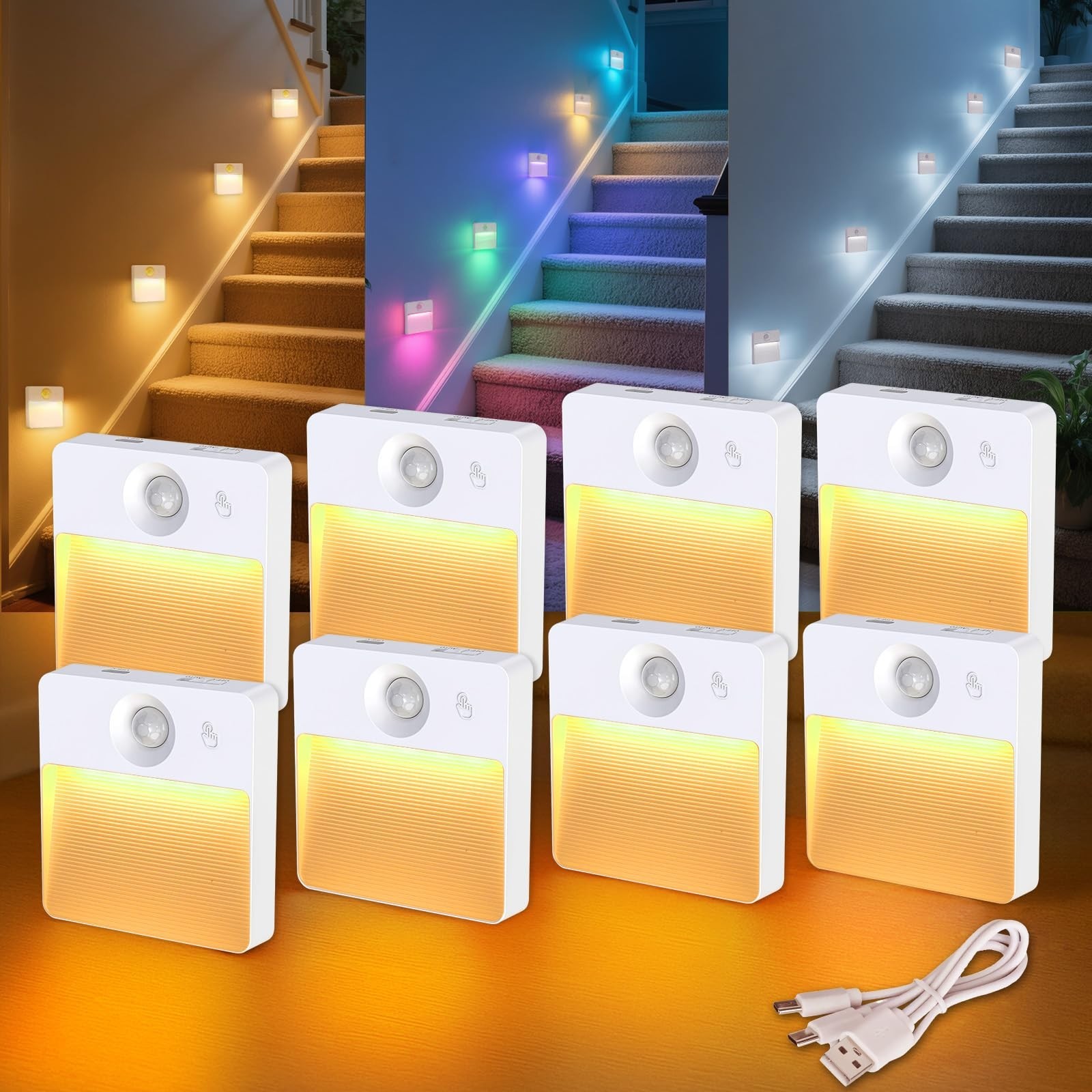8 Pack Rechargeable Motion Sensor Stair Lights - RGBW Battery Operated Night Lam