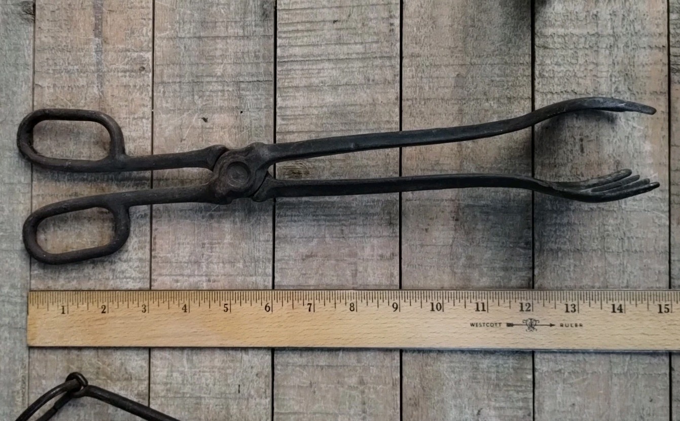 2 ANTIQUE TONGS ...BLACKSMITH HAND TOOLS & Hammer Head