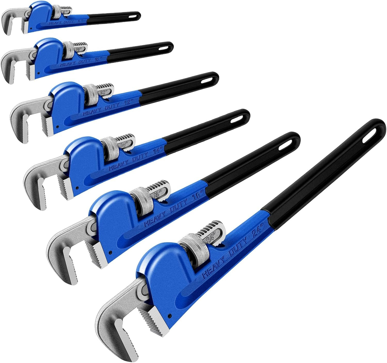 Heavy Duty Adjustable Pipe Wrench Set - 8" to 24" Plumbing Tools, Blue