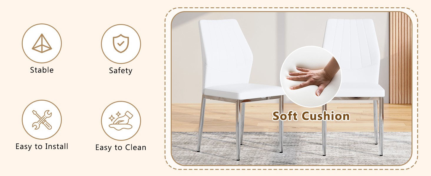 Set of 4 Silver White Dining Chairs, 37" High PU Backrest Ergonomic