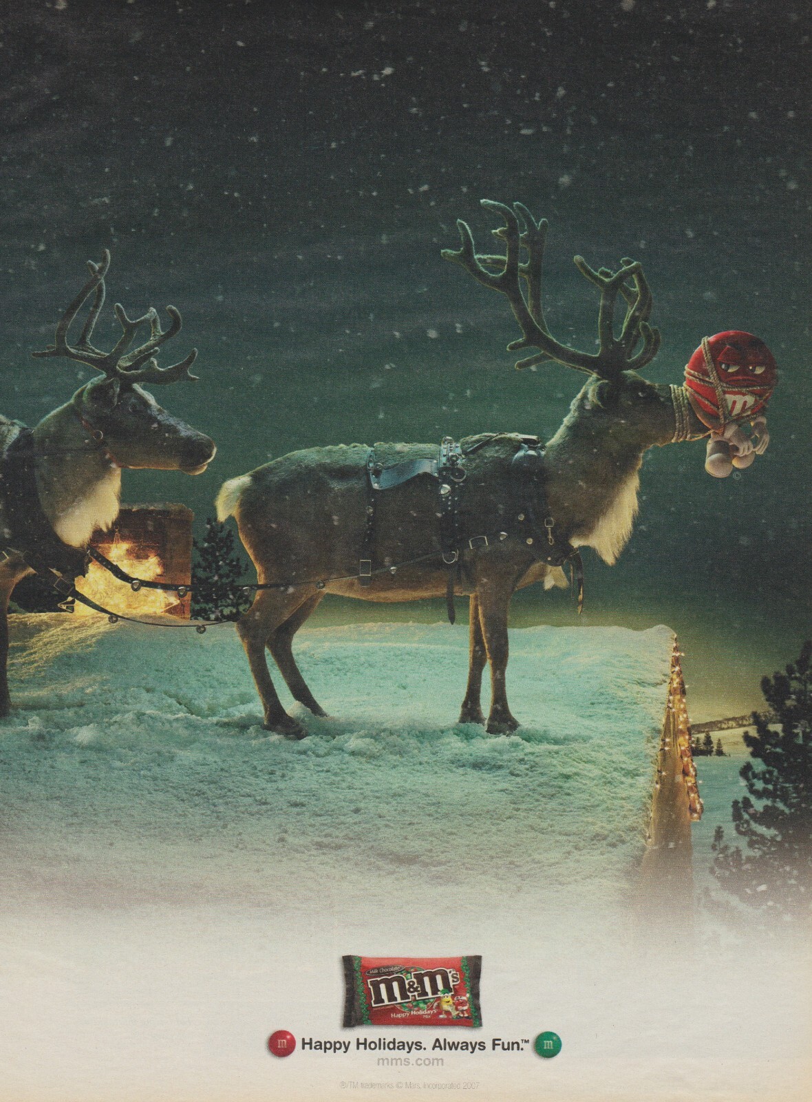 2007 Mars M&M's Chocolate Candy - Red Tied On Reindeer's Nose - Print Ad Photo