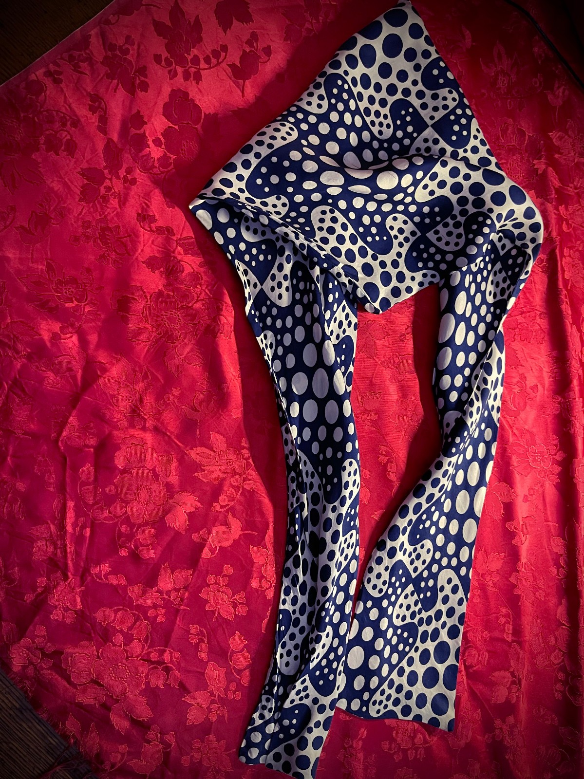 Silk Scarf Reversible Navy and Cream Polka Dot Patterns