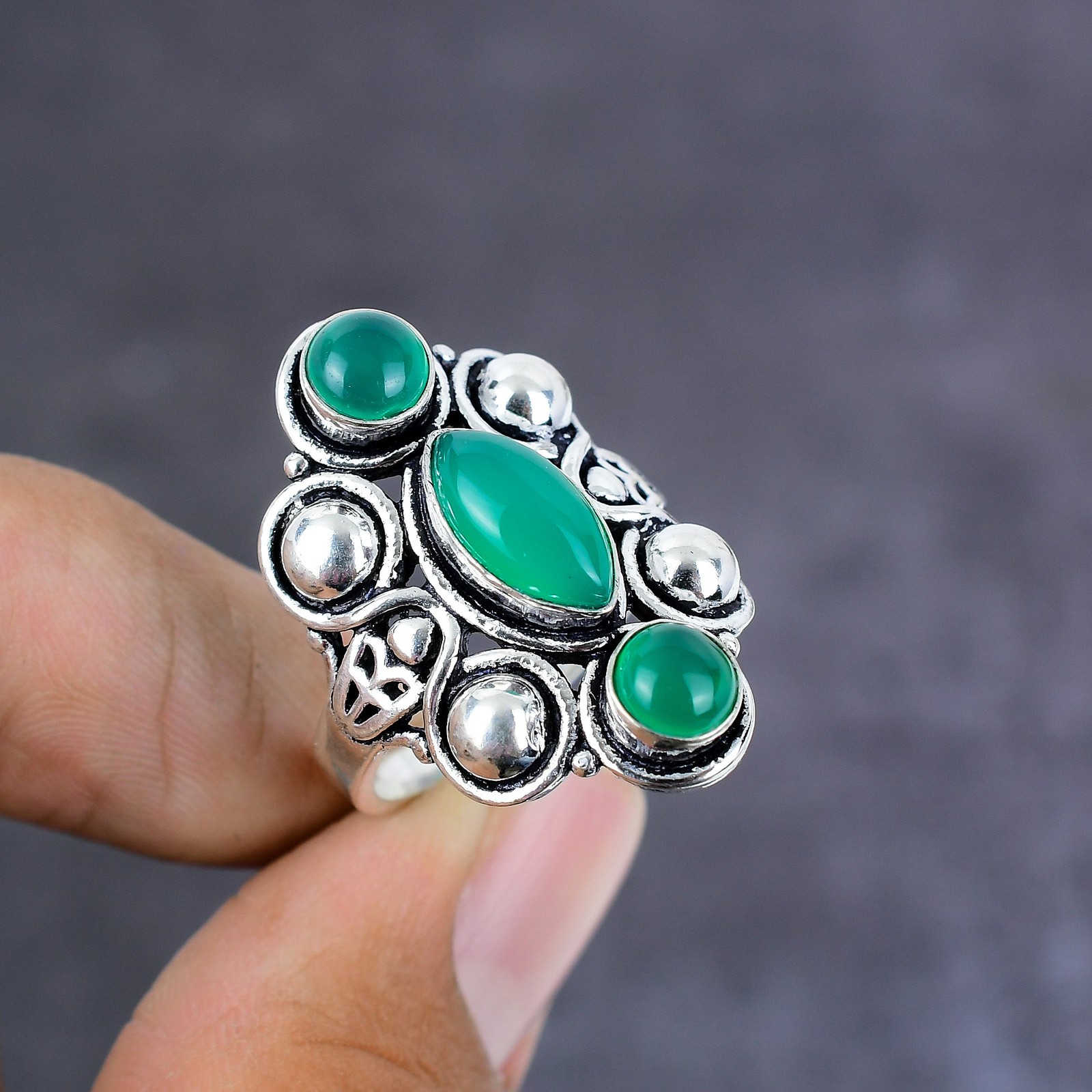 Natural Green Onyx Gemstone Handmade 925 Sterling Silver Gift Ring Size 10 L692