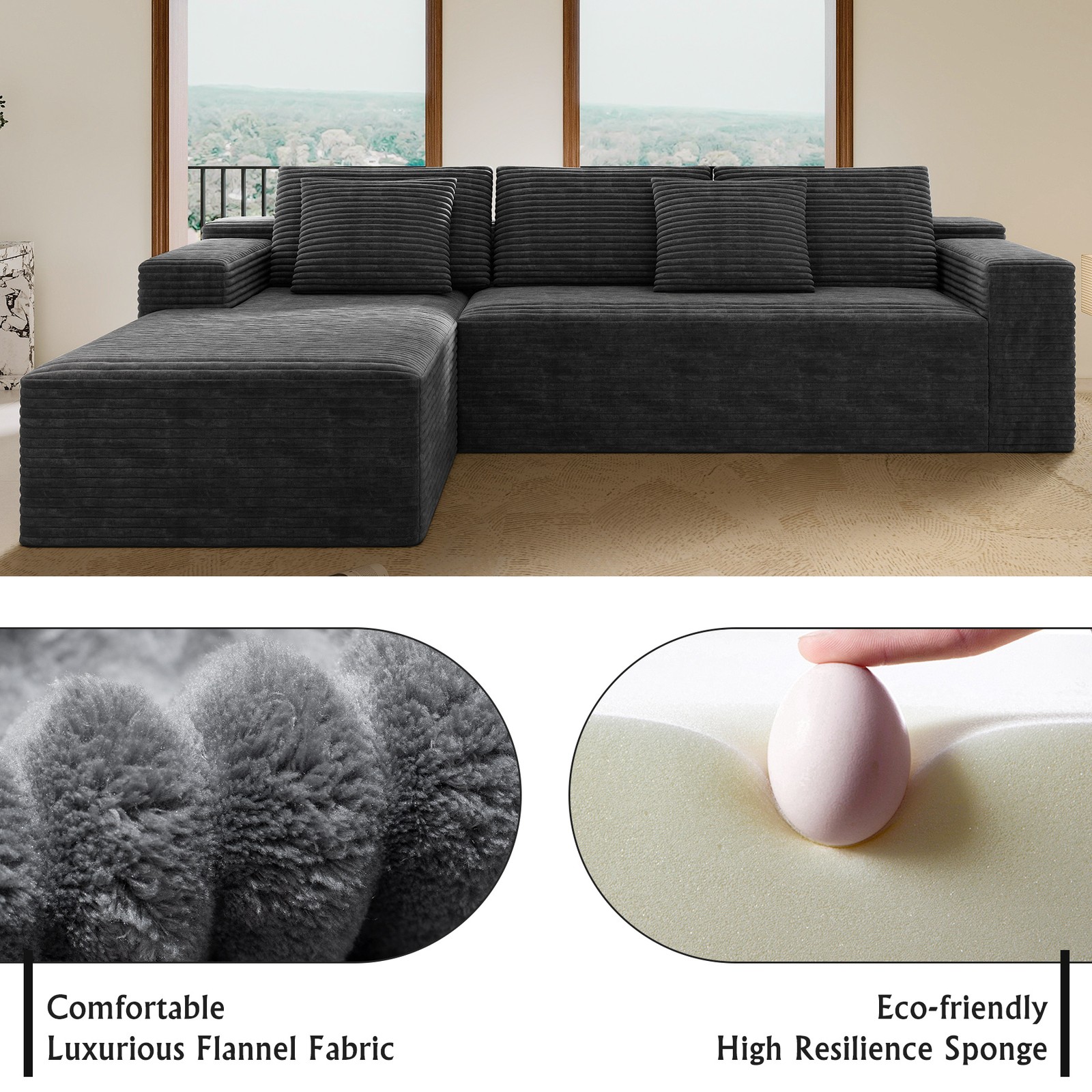 Modular Sectional Sofa Plush Corduroy Fabric Grey No Assembly Required