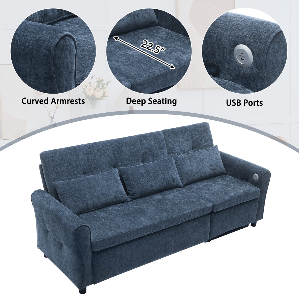 82" Blue Chenille Sofa Bed w/ Reversible Recliner, Adjustable Backrest, USB
