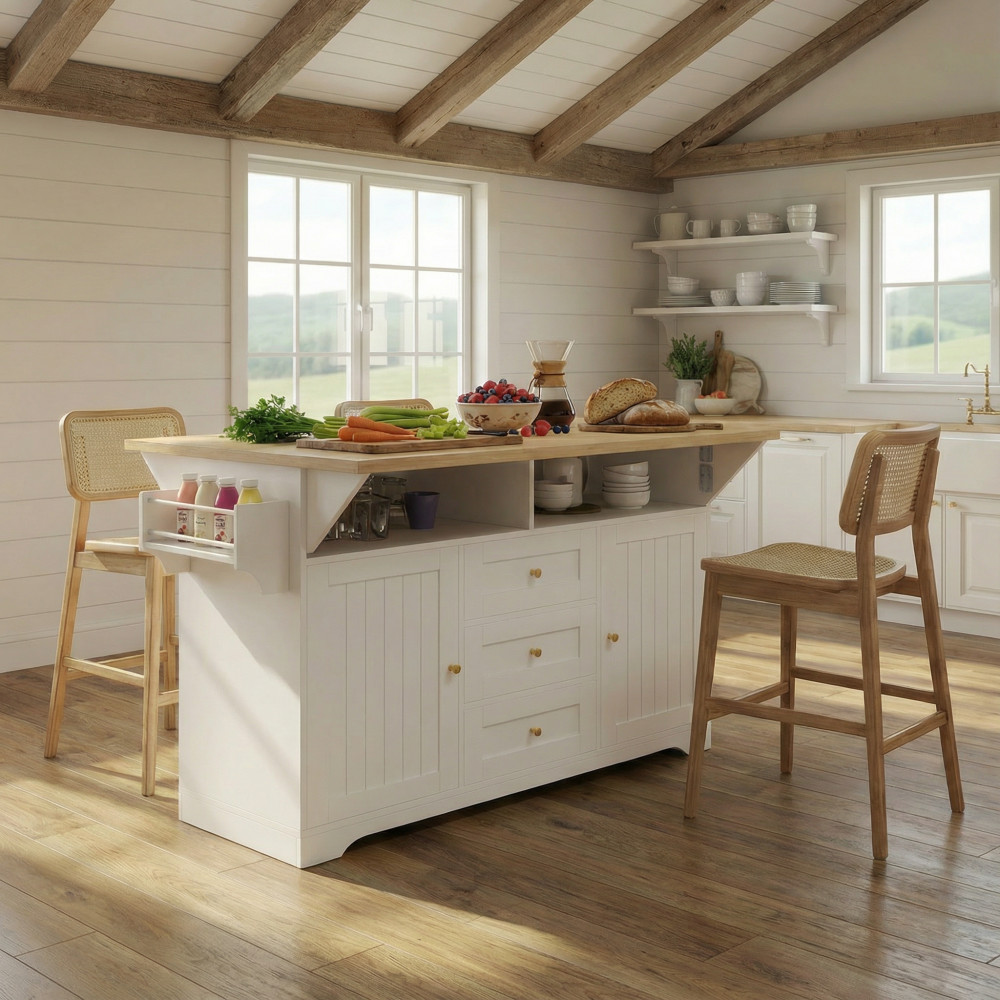 White Rolling Kitchen Cart Island with Drop Leaf & 3 Drawers Power Outlet