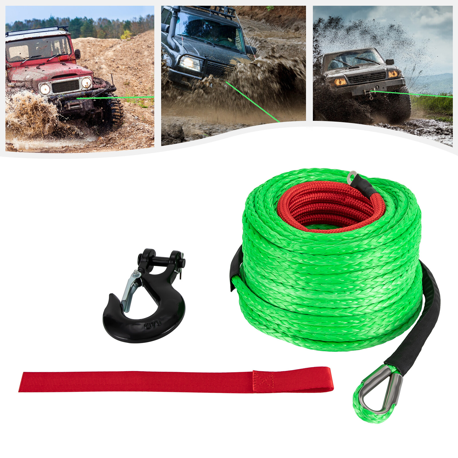 Green 3/8x100inch Synthetic Winch Rope w/Hook Winch Cable with Protective Sleeve
