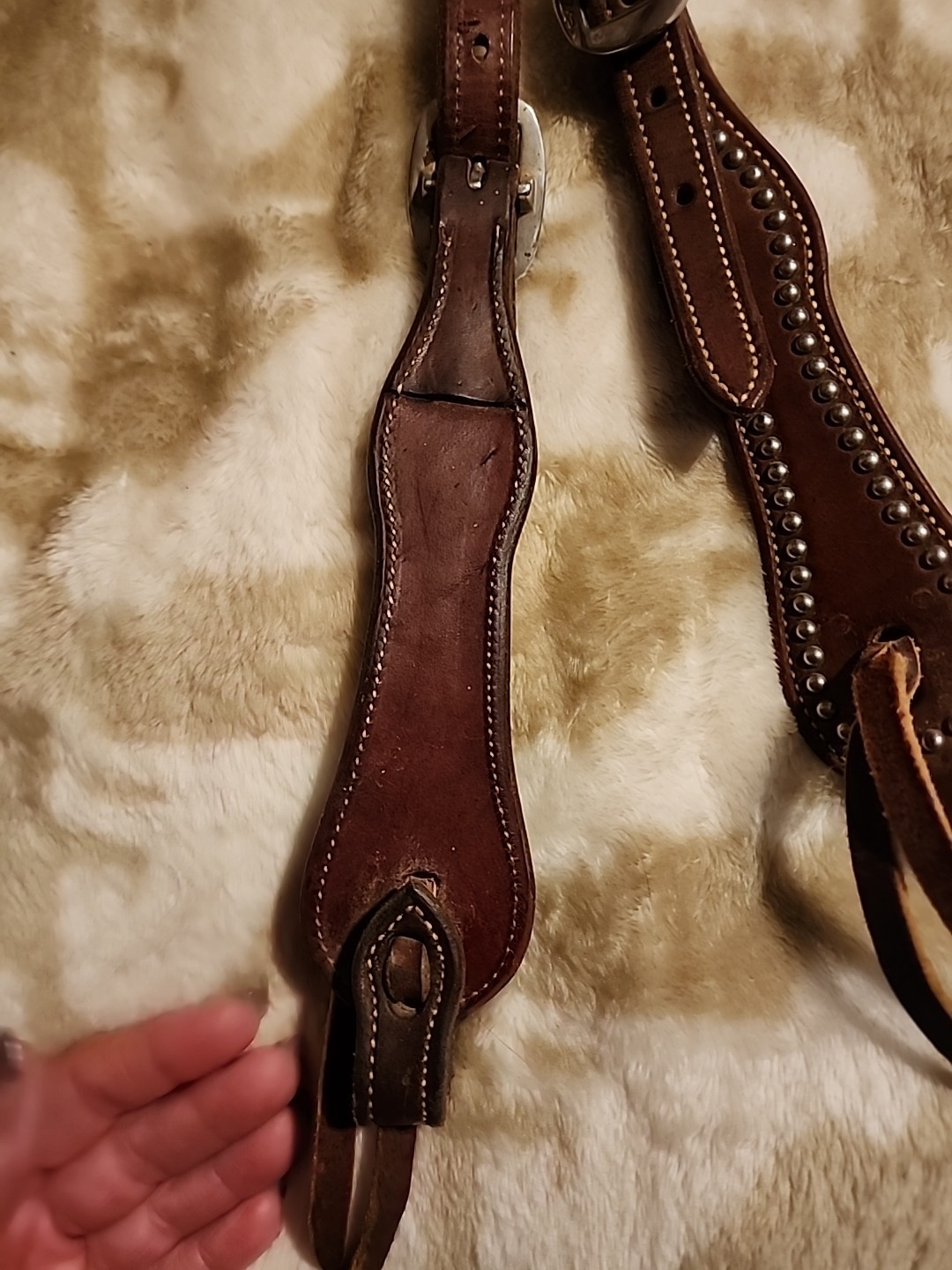 Double Eared Silver Dot Western Bridle Headstall Med Brown Leather EUC
