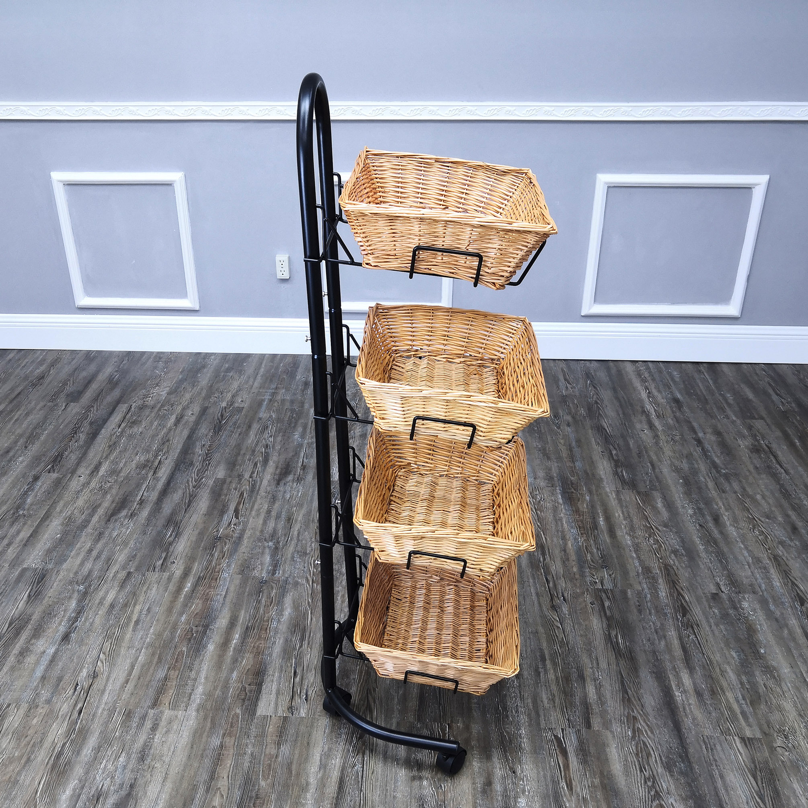 Rolling Wicker Basket Display Market Merchandiser Stand Kitchen Pantry Organizer
