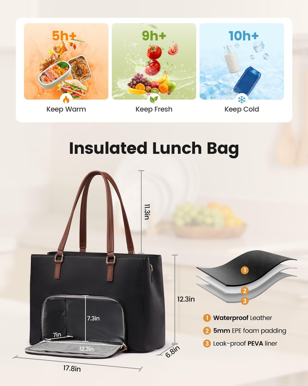Lunch Bag for , Leather Work Laptop Tote Bag with Insulated Lunch Compartment...