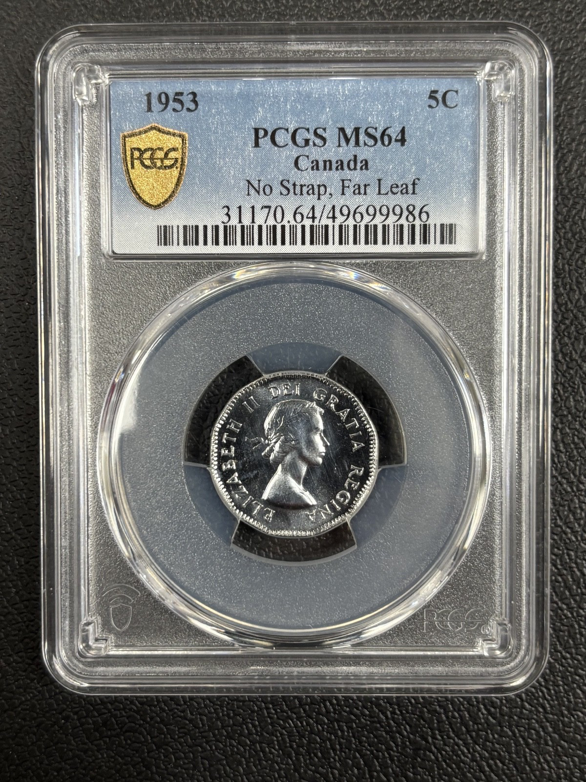 1953 CANADIAN NICKEL 5 CENTS PCGS MS 64 - NO STRAP, FAR LEAF - CANADA - UNC - 5C