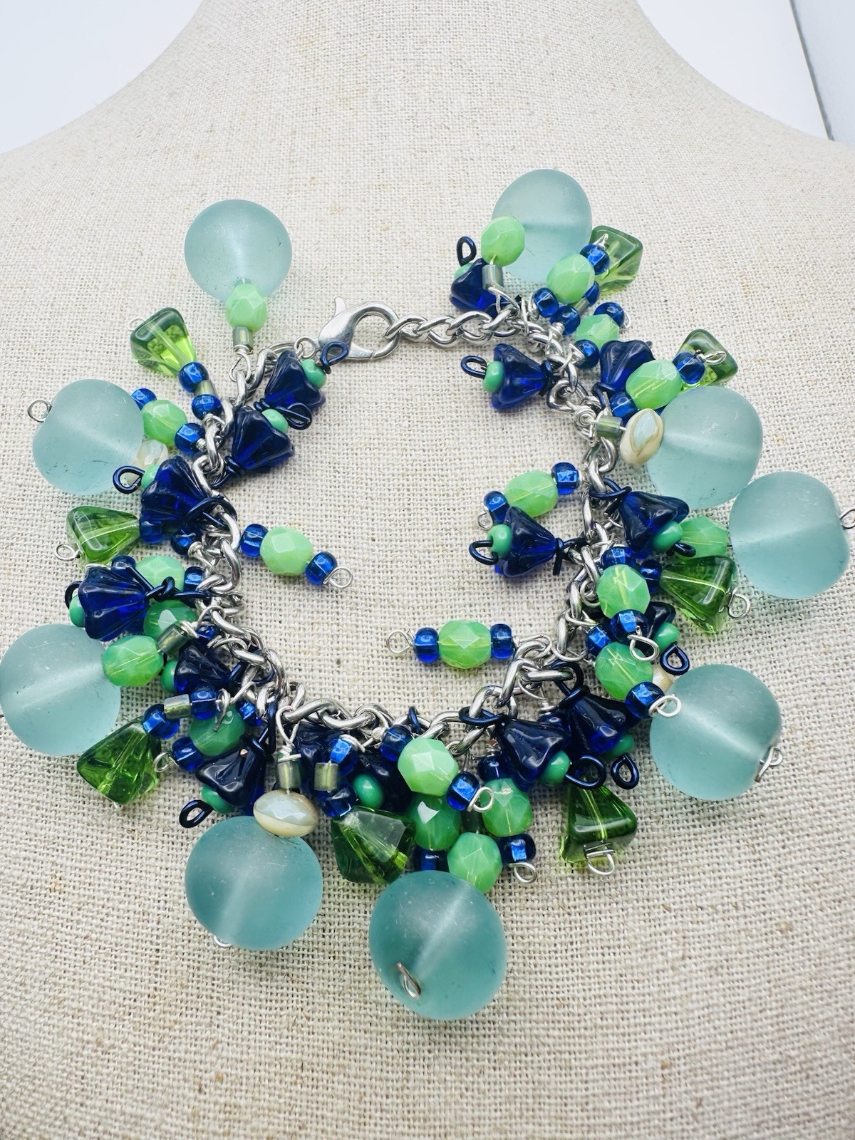 Handcrafted Green Blue Art Glass Floral Cha Cha Bracelet 7”
