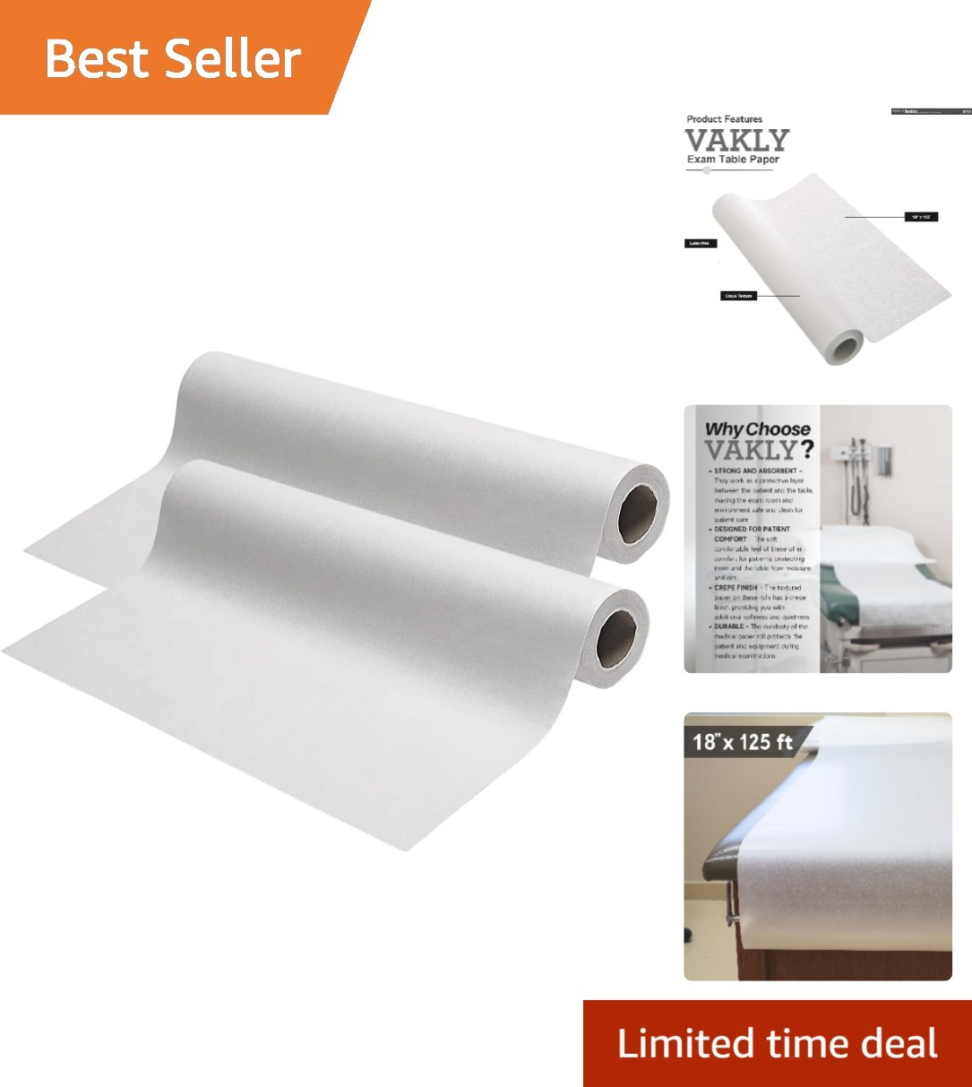 Disposable 18''x125' Crepe Finish Exam Table Paper Rolls - White 2 Pack