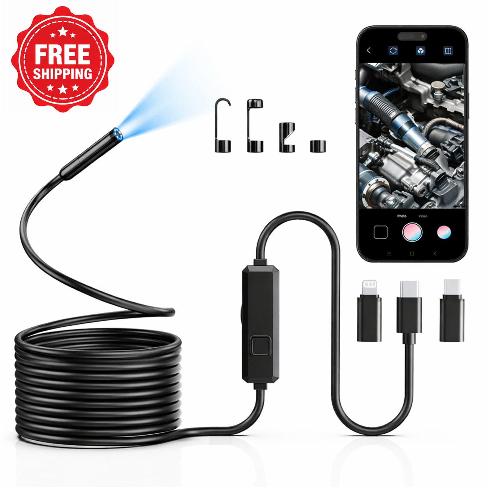 Borescope 1920P HD Endoscope Camera with Light 16.5FT 8 LED for iOS Android